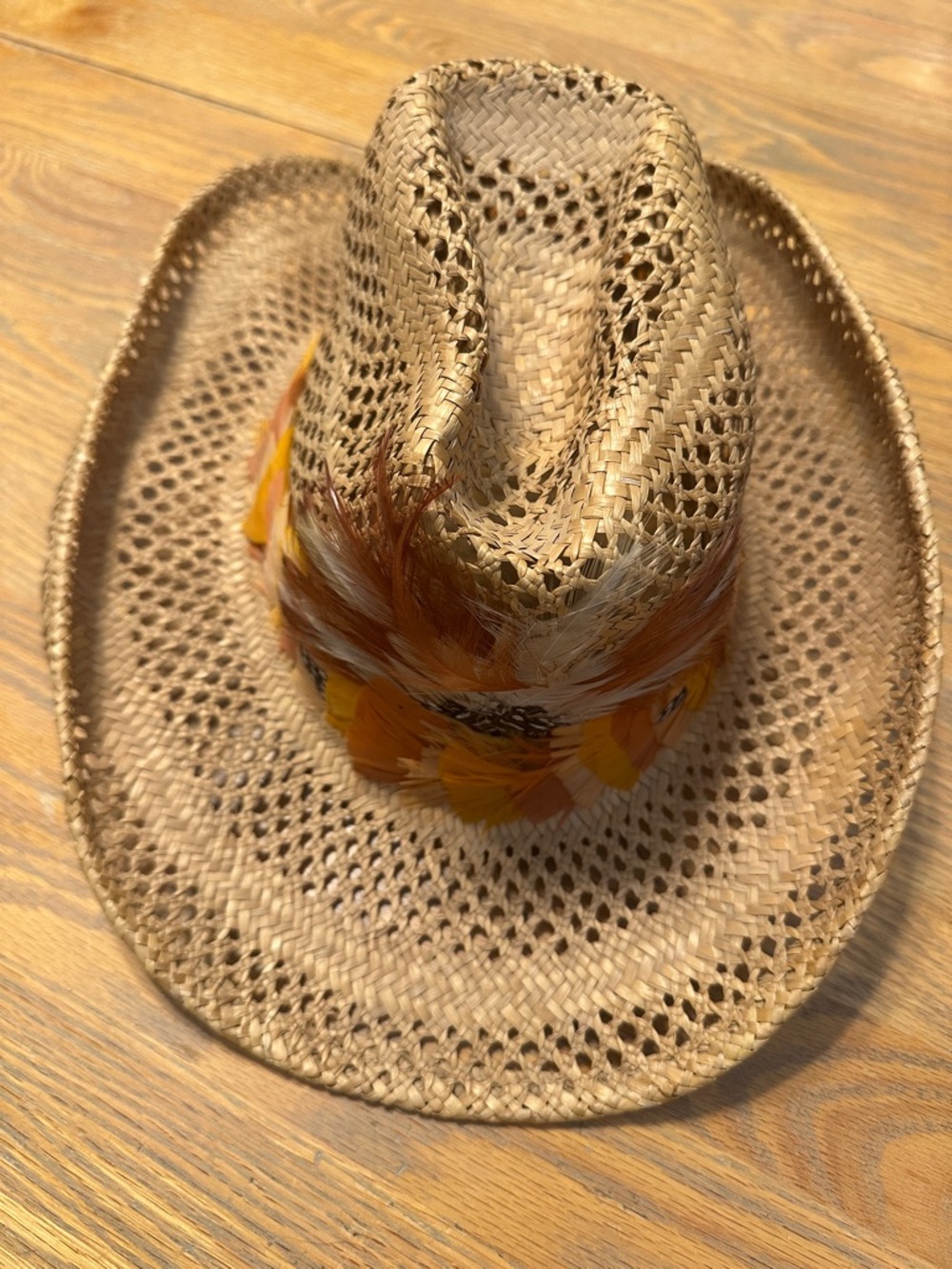 Vintage Straw Fedora Hat with Yellow Feather Trim XL